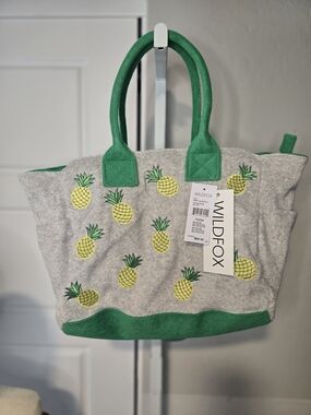 Wildfox Gray Canvas Tote with Yellow Pineapple Print and Green Trim